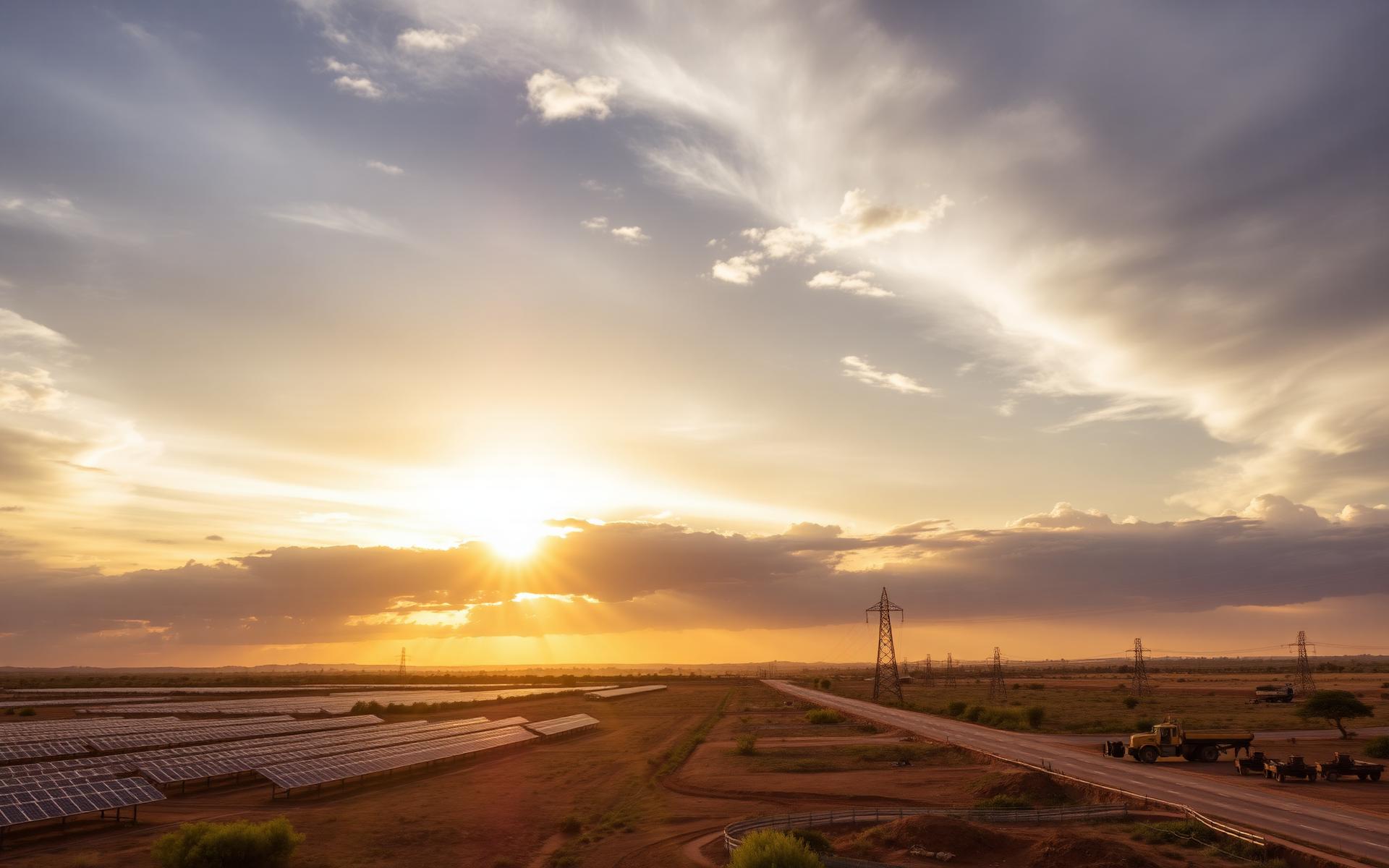 Aerial view of solar farm, transmission lines and road infrastructure across East Africa at sunset