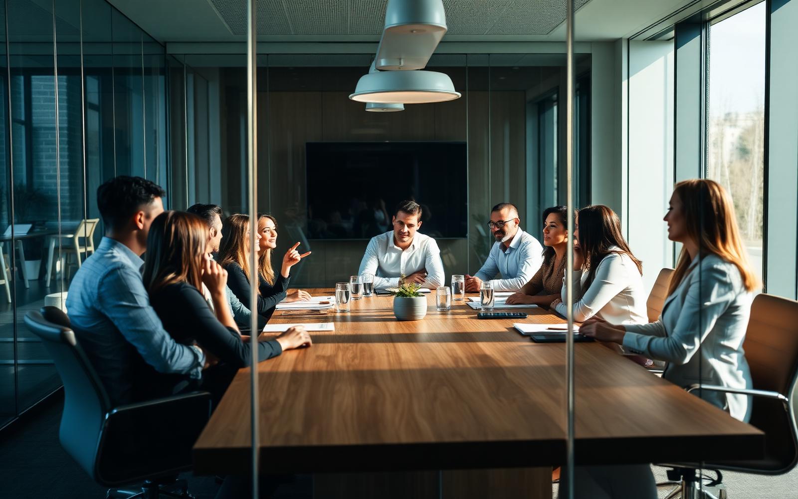 Diverse professionals in discussion around a boardroom table