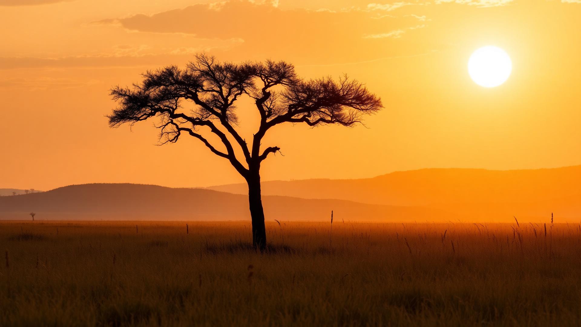 Lone acacia tree at golden sunset across the African savanna